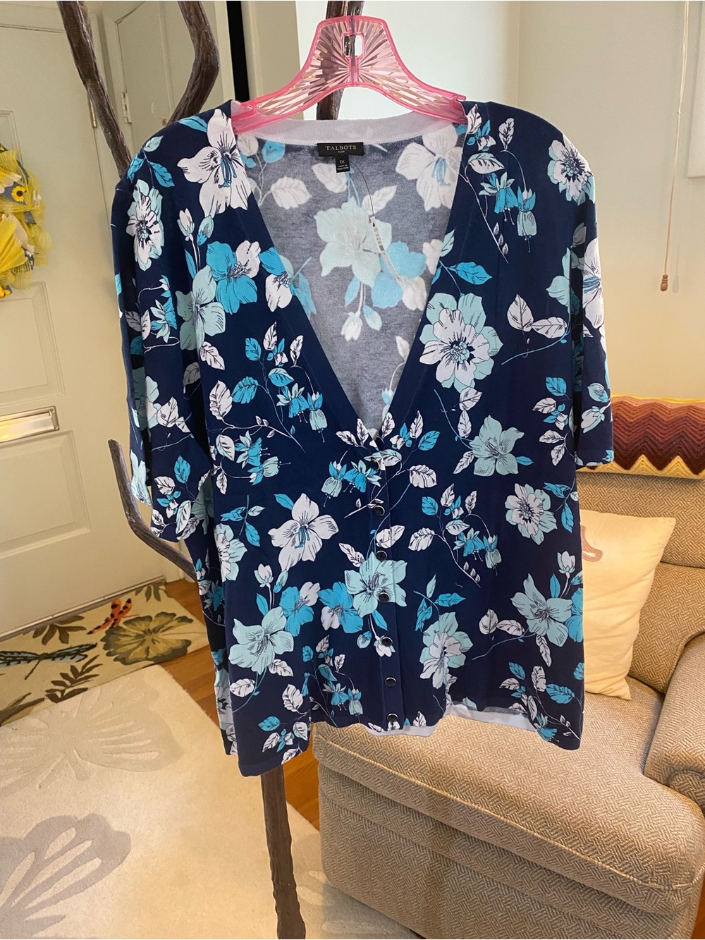 Talbots Navy Floral Button Front Blouse with Aqua Accents 1X NWT